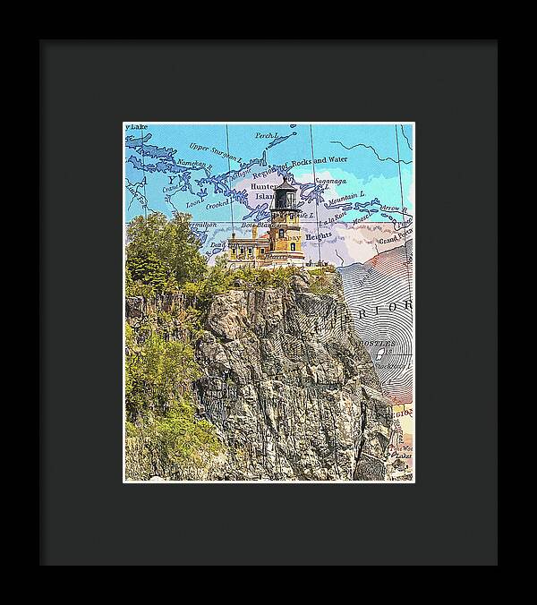 Split Rock Lighthouse And Map - Framed Print