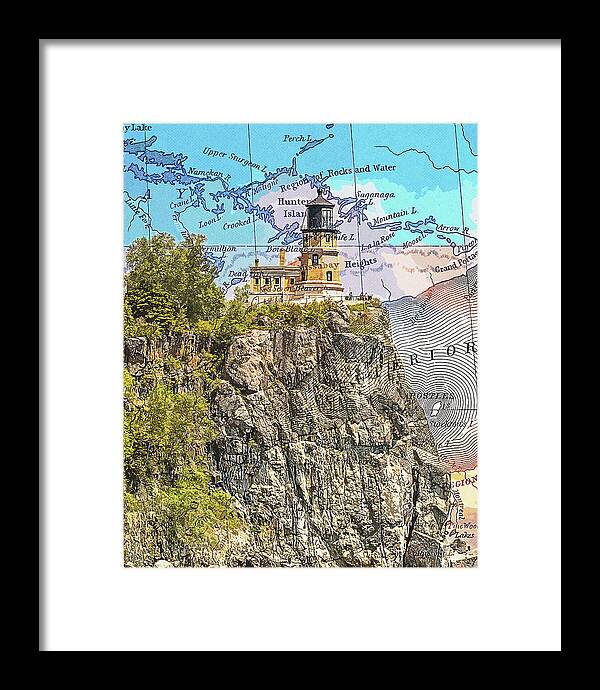 Split Rock Lighthouse And Map - Framed Print