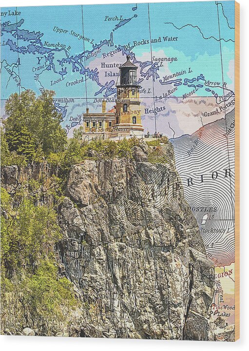 Split Rock Lighthouse And Map - Wood Print