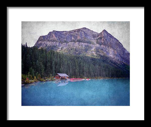 Textured Lake Louise Cabin Reflection - Framed Print