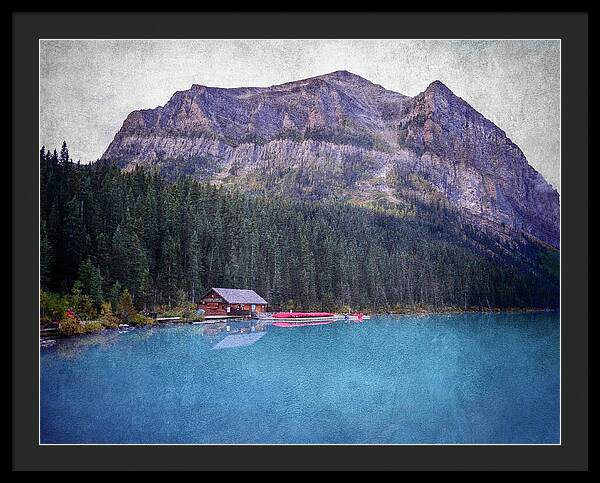 Textured Lake Louise Cabin Reflection - Framed Print