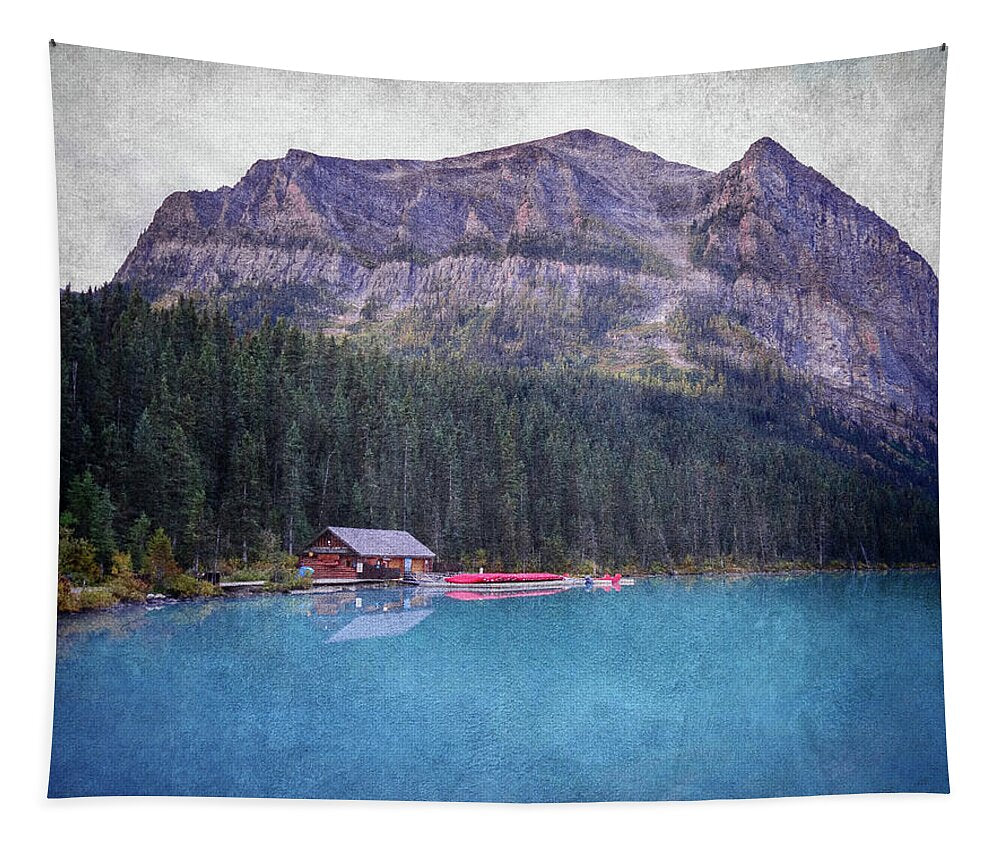 Textured Lake Louise Cabin Reflection - Tapestry