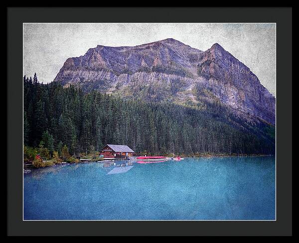 Textured Lake Louise Cabin Reflection - Framed Print