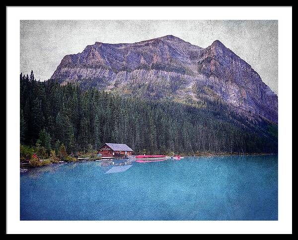 Textured Lake Louise Cabin Reflection - Framed Print