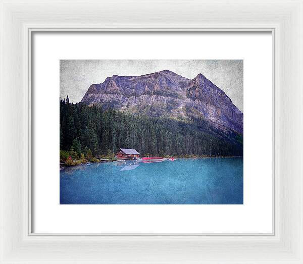 Textured Lake Louise Cabin Reflection - Framed Print