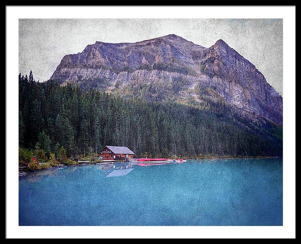 Textured Lake Louise Cabin Reflection - Framed Print