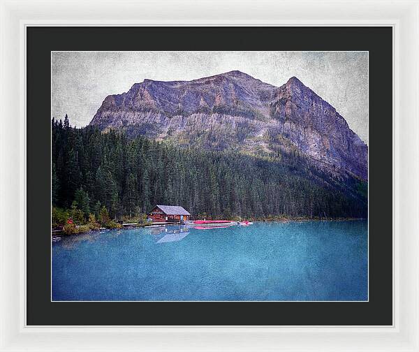 Textured Lake Louise Cabin Reflection - Framed Print