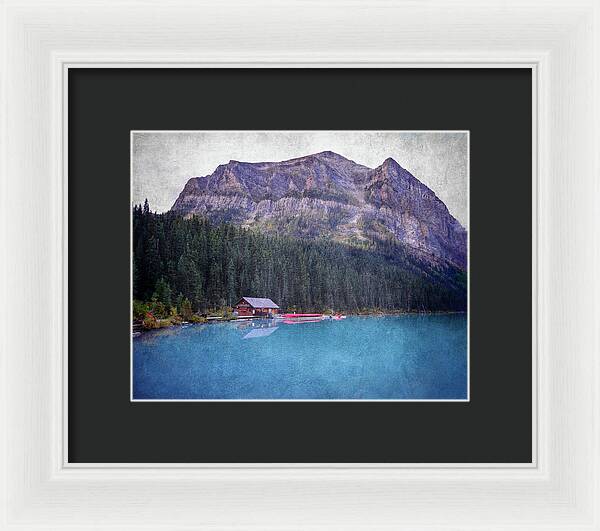 Textured Lake Louise Cabin Reflection - Framed Print