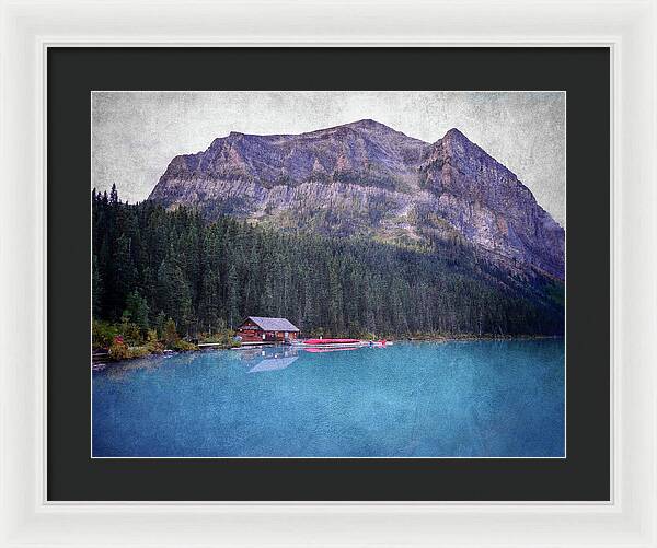 Textured Lake Louise Cabin Reflection - Framed Print