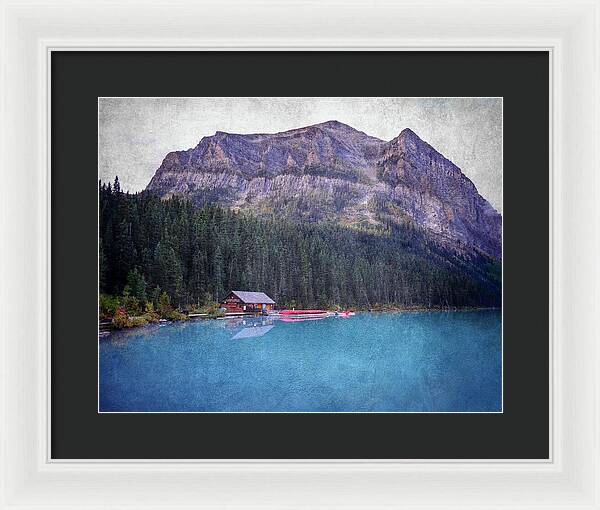 Textured Lake Louise Cabin Reflection - Framed Print