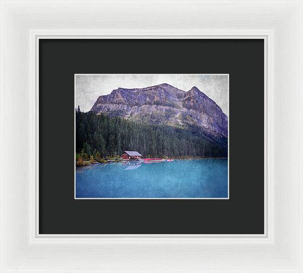 Textured Lake Louise Cabin Reflection - Framed Print