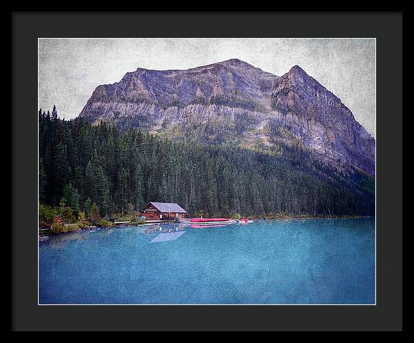 Textured Lake Louise Cabin Reflection - Framed Print