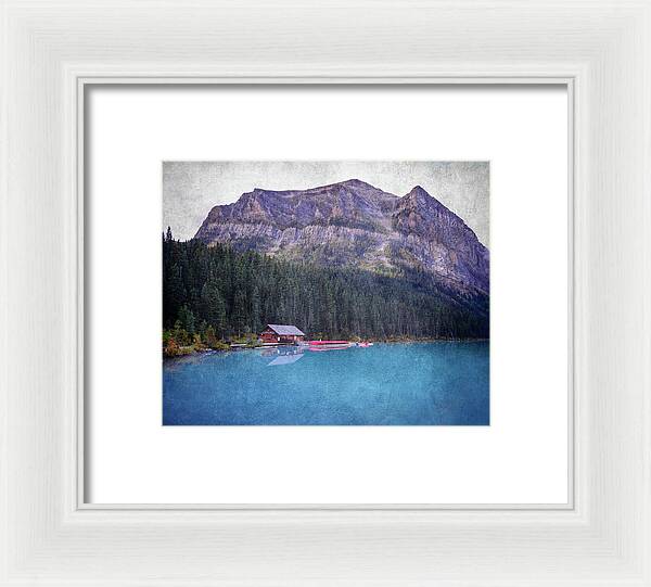 Textured Lake Louise Cabin Reflection - Framed Print