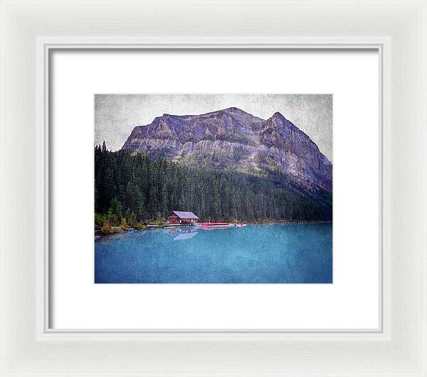 Textured Lake Louise Cabin Reflection - Framed Print