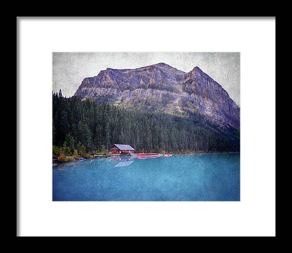 Textured Lake Louise Cabin Reflection - Framed Print