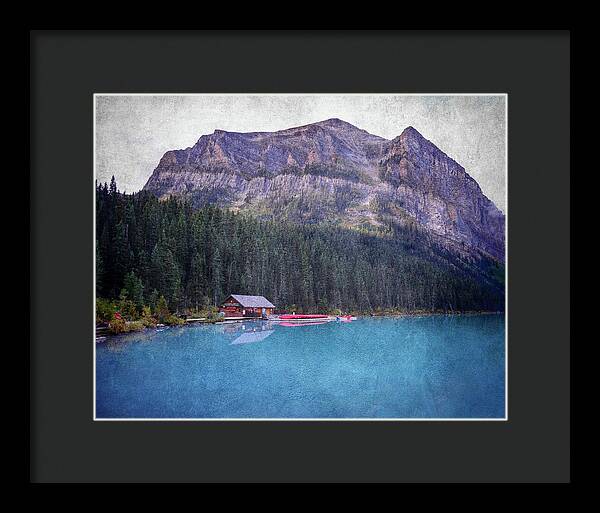 Textured Lake Louise Cabin Reflection - Framed Print