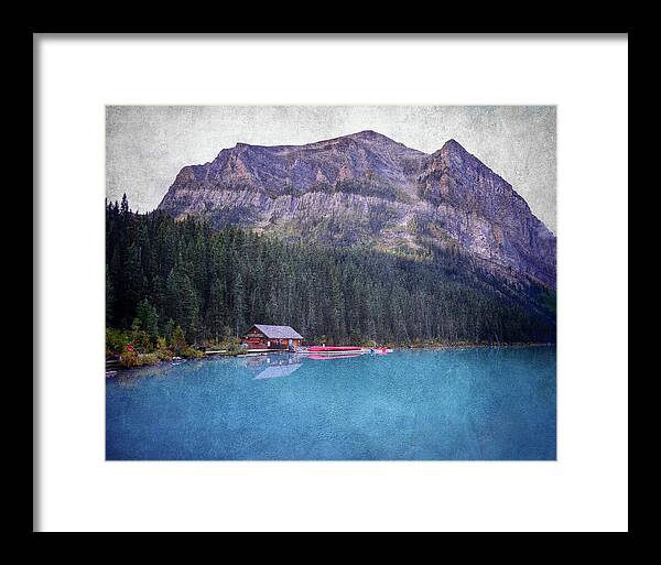 Textured Lake Louise Cabin Reflection - Framed Print