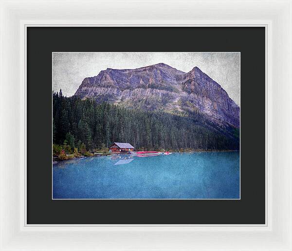 Textured Lake Louise Cabin Reflection - Framed Print