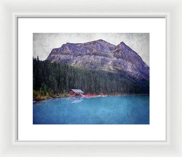 Textured Lake Louise Cabin Reflection - Framed Print