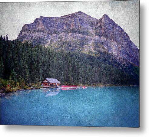 Textured Lake Louise Cabin Reflection - Metal Print