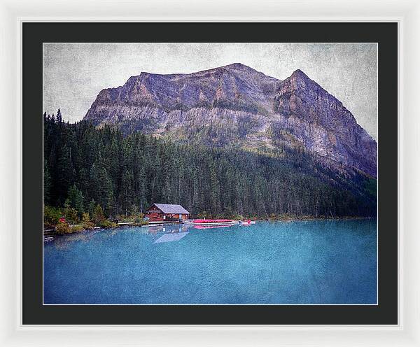 Textured Lake Louise Cabin Reflection - Framed Print