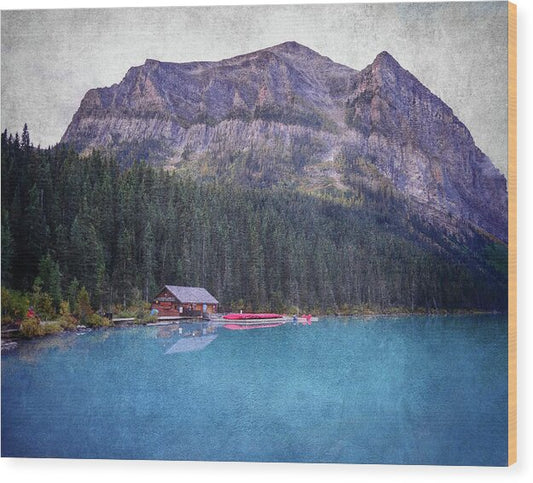 Textured Lake Louise Cabin Reflection - Wood Print