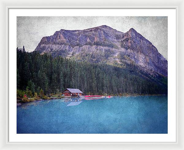 Textured Lake Louise Cabin Reflection - Framed Print