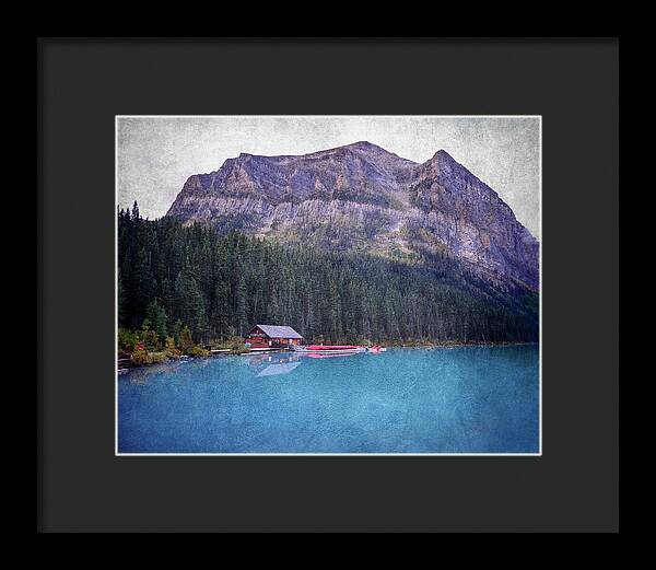 Textured Lake Louise Cabin Reflection - Framed Print