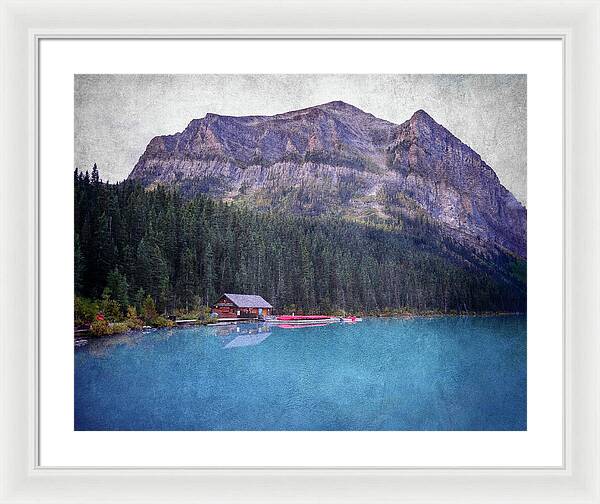 Textured Lake Louise Cabin Reflection - Framed Print