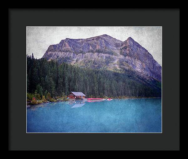 Textured Lake Louise Cabin Reflection - Framed Print