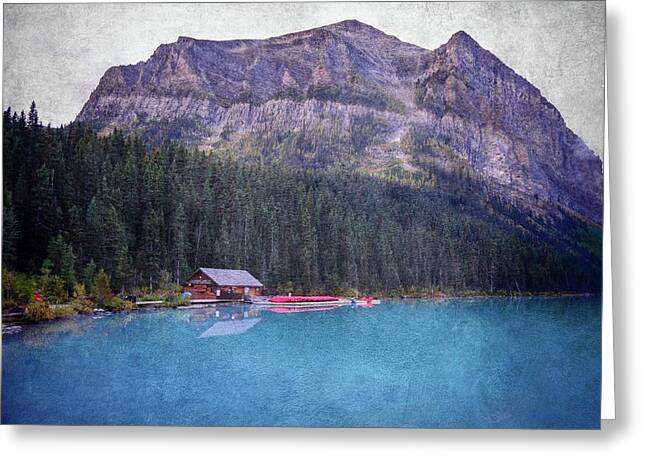 Textured Lake Louise Cabin Reflection - Greeting Card