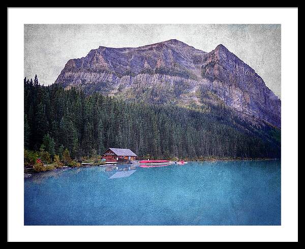 Textured Lake Louise Cabin Reflection - Framed Print