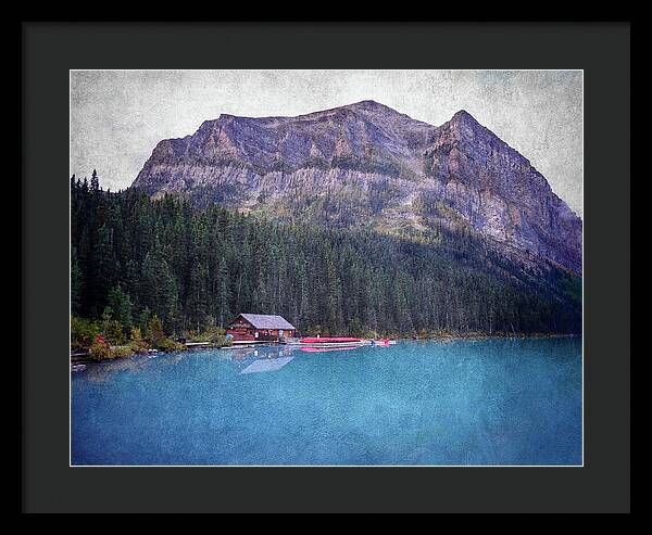 Textured Lake Louise Cabin Reflection - Framed Print