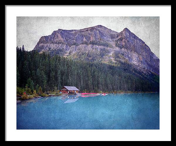 Textured Lake Louise Cabin Reflection - Framed Print