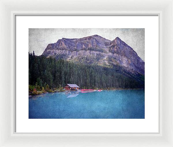 Textured Lake Louise Cabin Reflection - Framed Print