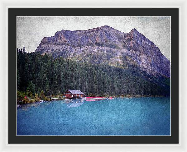 Textured Lake Louise Cabin Reflection - Framed Print