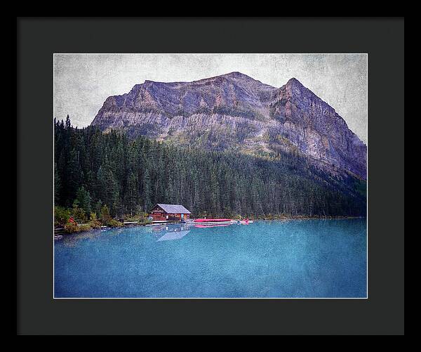 Textured Lake Louise Cabin Reflection - Framed Print