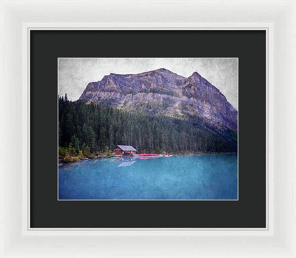 Textured Lake Louise Cabin Reflection - Framed Print