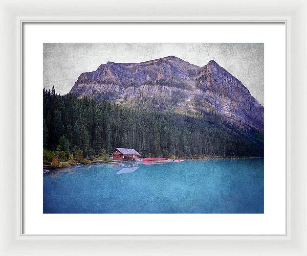 Textured Lake Louise Cabin Reflection - Framed Print