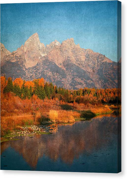 Textured Reflection Grand Tetons In Fall - Canvas Print