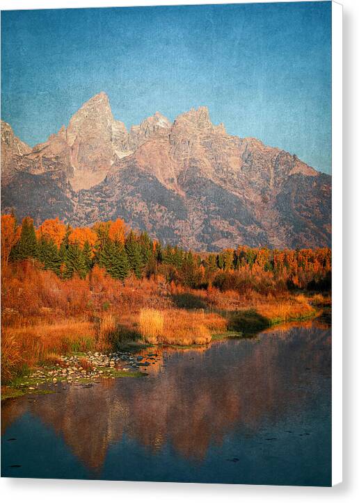 Textured Reflection Grand Tetons In Fall - Canvas Print