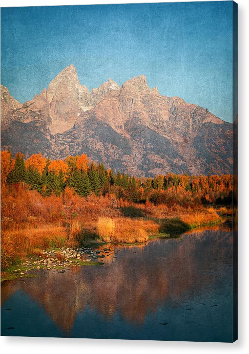 Textured Reflection Grand Tetons In Fall - Acrylic Print