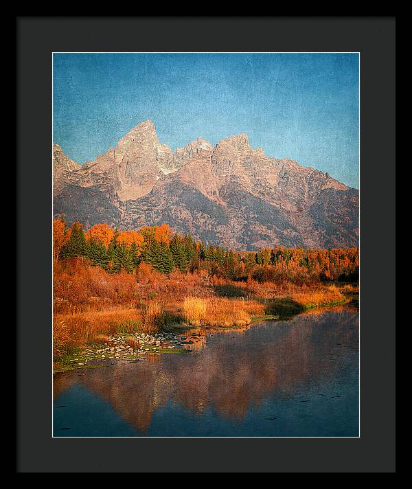 Textured Reflection Grand Tetons In Fall - Framed Print