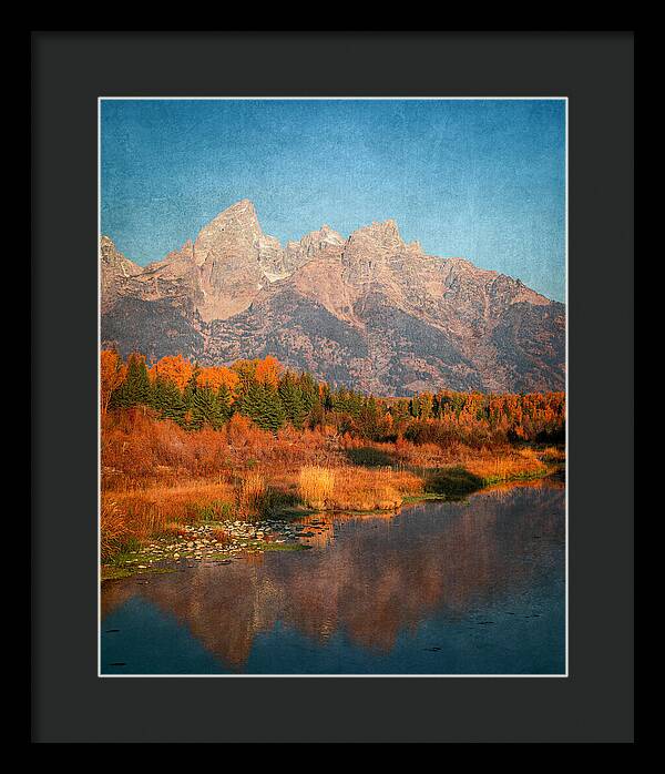 Textured Reflection Grand Tetons In Fall - Framed Print