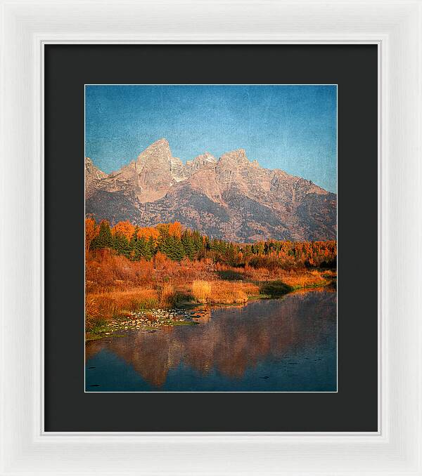 Textured Reflection Grand Tetons In Fall - Framed Print