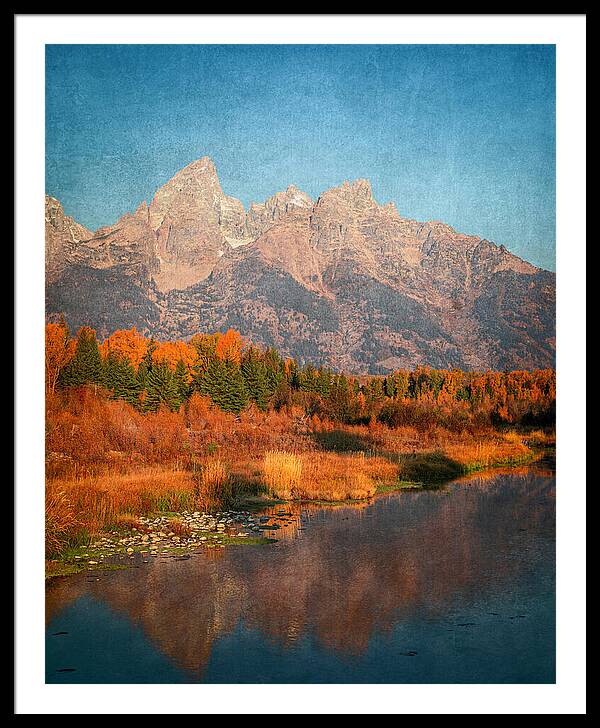 Textured Reflection Grand Tetons In Fall - Framed Print