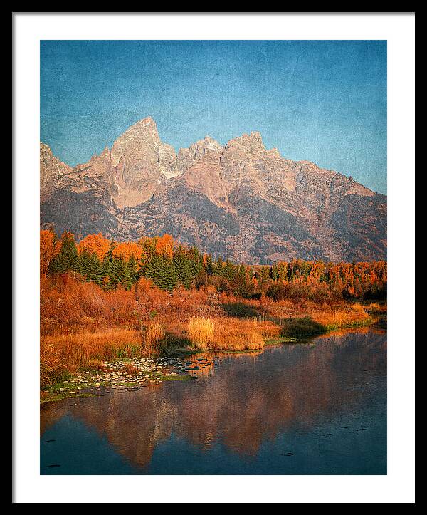 Textured Reflection Grand Tetons In Fall - Framed Print