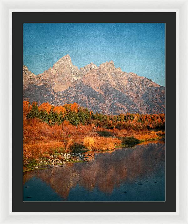 Textured Reflection Grand Tetons In Fall - Framed Print