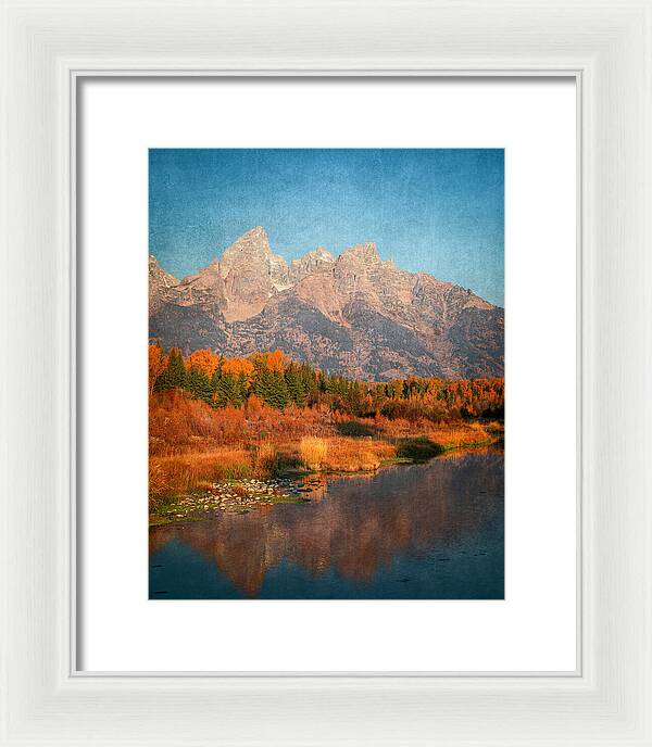 Textured Reflection Grand Tetons In Fall - Framed Print