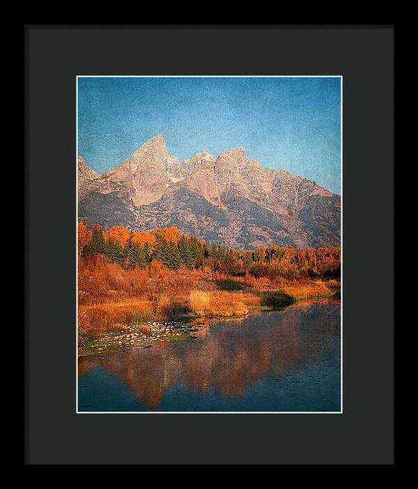 Textured Reflection Grand Tetons In Fall - Framed Print